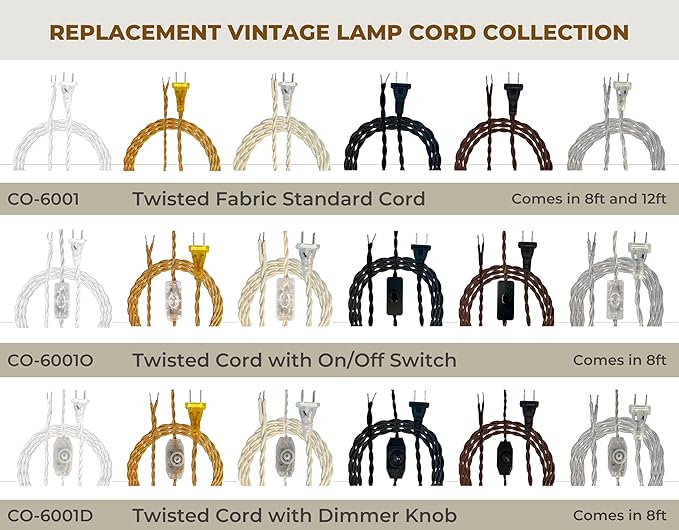 Royal Designs, Inc. 8Ft Twisted Rayon Lamp Cord with NEMA-15P Plug, Rotary Dimmer Switch, Stripped Ends Ready for Wiring, SPT-1 UL Listed, Brown - Pack of 1