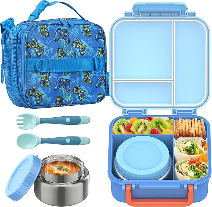 JOOPETALK Bento Lunch Box Set for Kids with 9oz Soup Thermo, Insulated Lunch Bag,Leak-proof BPA-free Lunch Food Container with 3-4 Conpartments for School Travel-Blue