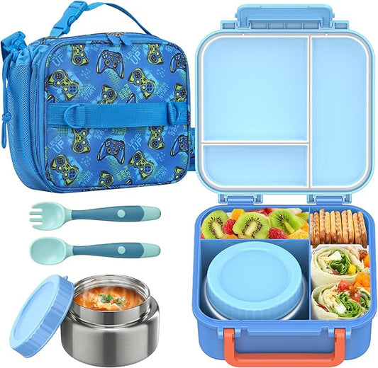 JOOPETALK Bento Lunch Box Set for Kids with 9oz Soup Thermo, Insulated Lunch Bag,Leak-proof BPA-free Lunch Food Container with 3-4 Conpartments for School Travel-Blue