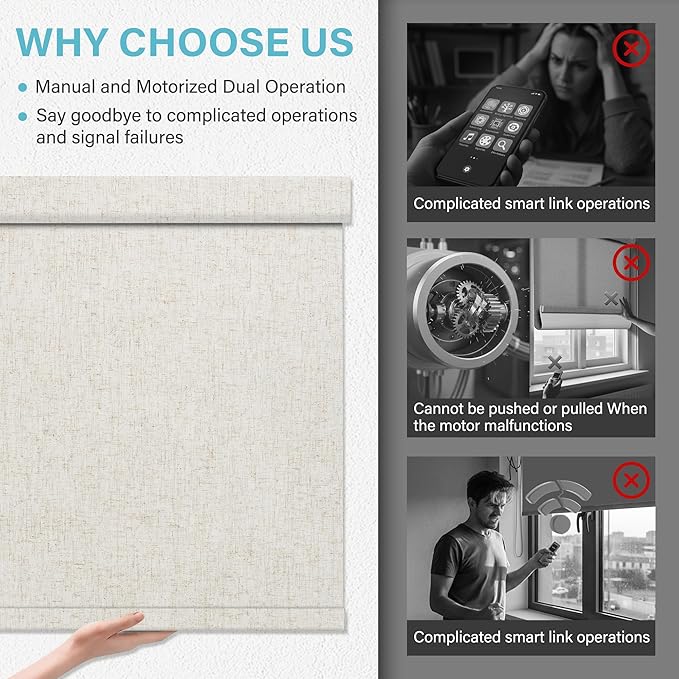 BERISSA Motorized Blinds with Remote,No Drill Dual-Control(Manual + Remote) Automatic Roller Blinds for Indoor Windows,Linen Fabric,Electric Shades for Windows Home Office,Custom Color,Custom Size