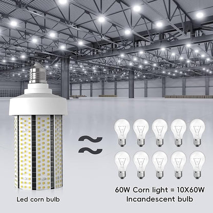 60W LED Corn Light Bulb 2-Pack 5000LM 5000K Cob Light Equivalent 600W E26 Base with E39 Adapter for Garage Warehouse Barn Workshop Outdoor Porch