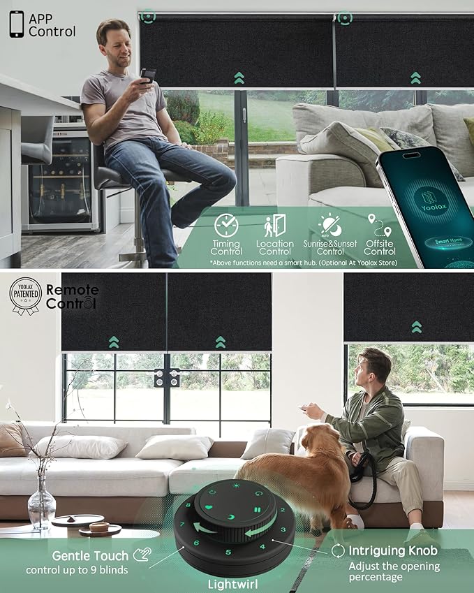 Yoolax Motorized Blinds with Remote, 100% Blackout Smart Roller Shades Work with Alexa, Google, Apple Homekit, Custom Automatic Shades with Voice Control for Bedroom Office (Fabric Black)