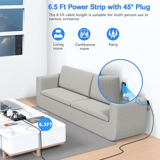 22 Outlets & 6 USB Big Power Strip, Jcblaon Surge Protector with 3USB C & 3USB A Charging Ports, 6.5ft Flat Plug Heavy Duty Extension Cord(1875W/15A)，2100J, 14AWG,Wall Mountable for Garden,Shed, Black