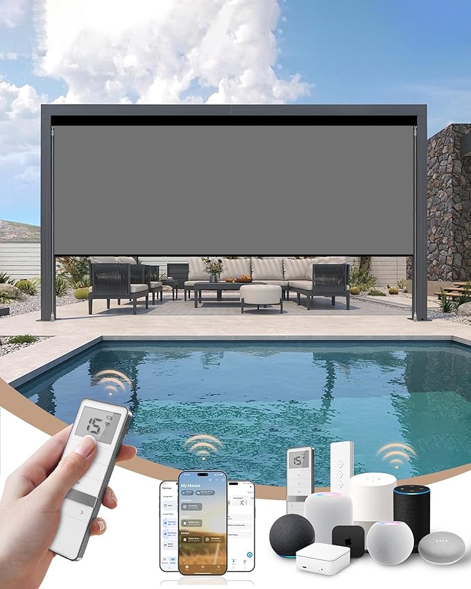 Kincmo Motorized Outdoor Shades for Patio Porch, Custom Outdoor Motorized Blinds with Remote, Waterproof & Windproof Patio Shades Work with Apple Home,Alexa,Google (0% Openness Medium Grey)