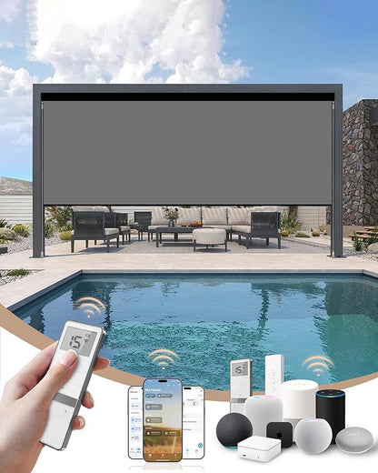 Kincmo Motorized Outdoor Shades for Patio Porch, Custom Outdoor Motorized Blinds with Remote, Waterproof & Windproof Patio Shades Work with Apple Home,Alexa,Google (0% Openness Medium Grey)