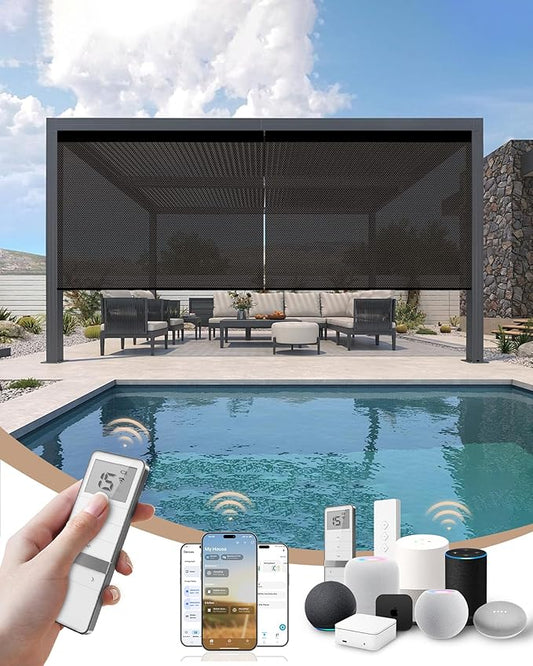 Kincmo Motorized Outdoor Shades for Patio Porch, Custom Outdoor Motorized Blinds with Remote, Waterproof & Windproof Patio Shades Work with Apple Homekit,Alexa,Google (3% Openness Brown)