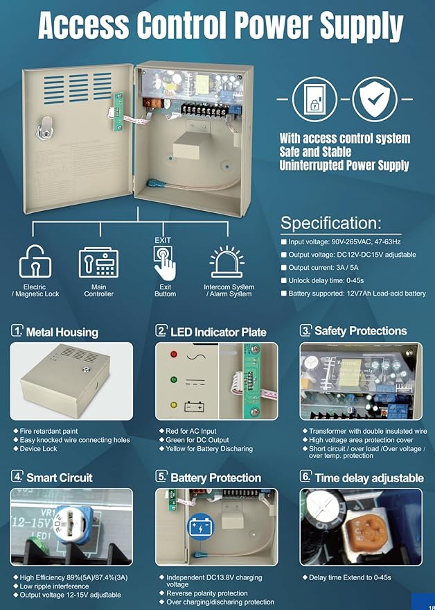 EVERSECU UPS Power Supply for Door Access Entry System, AC 110-240V to DC 12V 5A Worldwide Voltage with Battery Link for Acess Control Electronic Magnetic Lock (Battery Not Included)