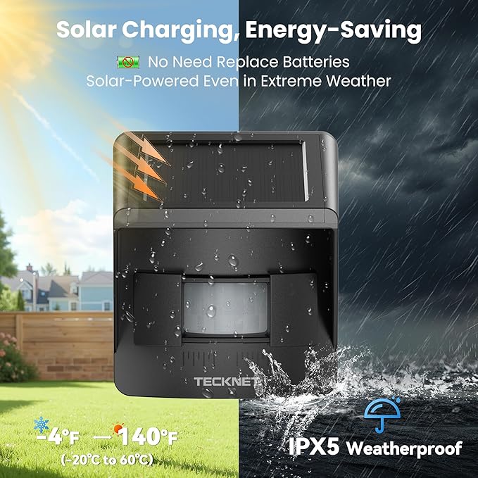 TECKNET Solar Wireless Driveway Alarm with 2600FT Long Range & 36 Melodies & 5 Volumes and Supports 4 Zones Weatherproof Motion Sensor Alarm to Protect Inside/Outside Property (1 Receiver 4 Sensor)