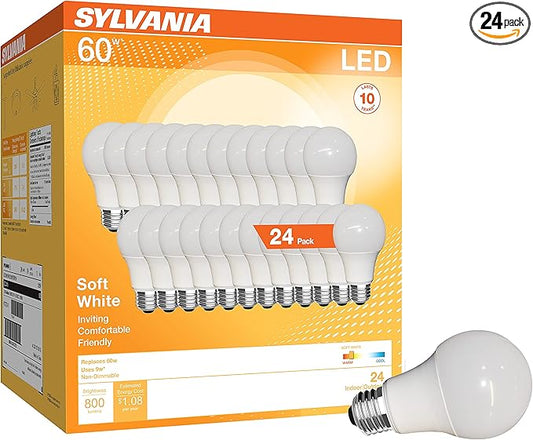 Sylvania LED A19 Light Bulb, 60W Equivalent, Efficient 9W, CEC Compliant, 10 Year, Non-Dimmable, 2700K, 800 Lumens, 90 CRI, Soft White (41372) (Pack of 1, 24 Count Total)