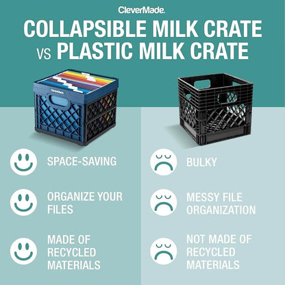CleverMade Collapsible Milk Crate, 25L Storage Crate, Holds 50 lb, Obsidian (Pack of 6)