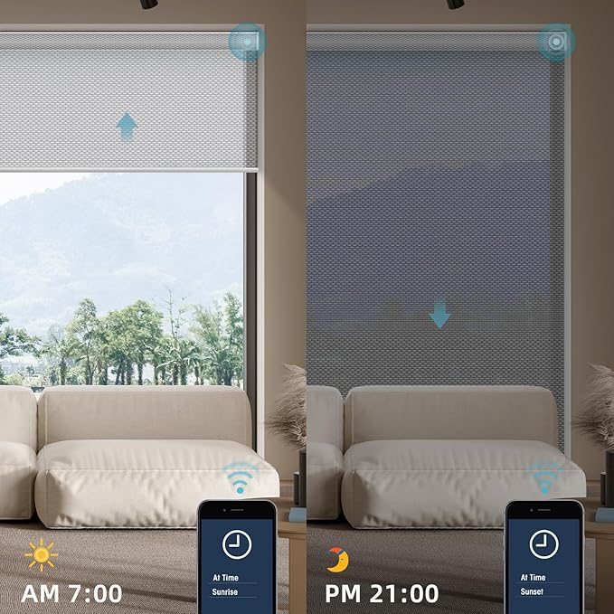 SmartWings Motorized Smart Blinds for Windows in Light Filtering, Electric Remote Roller Shades Compatible with Alexa/Google Home/Homekit, Custom Up to 110”W x 148”H, 5% Openness Aventus White Grey