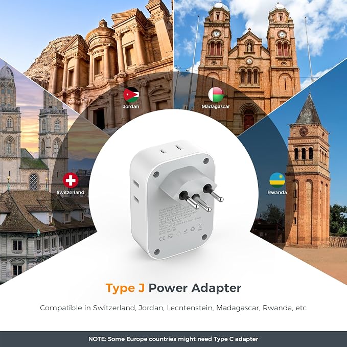 TESSAN Switzerland Travel Plug Adapter, Type J Plug, 2 Pack