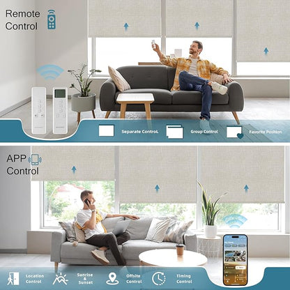 Motorized Roller Shade,100% Blackout Smart Window Blinds Work with Homekit, Alexa, Google Home, Remote Control, Electric Blinds with USB/Solar Pannel,Custom up110''Wx120''H,Texture Cream