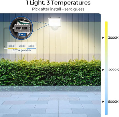 CINOTON 55W LED Flood Light 3CCT (3000K/4000K/5000K), 7700LM Dusk-to-Dawn Photocell Outdoor Security Lighting, 120V IP65 Aluminum Wall Pack for Porch/Barn, 180° Knuckle Mount, 2 Modes, ETL, 2 Pack