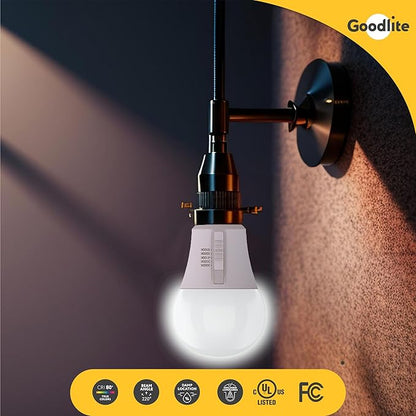 Goodlite A19 LED Bulb, 5 Color Selectable 3000K-3500K-4100K-5000K-6500K, 800 Lumens, 9W (60W Equivalent), High CRI, 5% Dimmable, UL Listed, Enclosed Fixtures & Damp Rated, 15,000 Hrs. 1ct (G-10881)