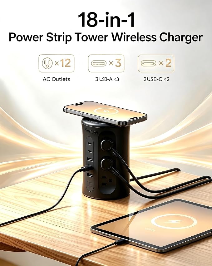 Power Strip Tower with USB Ports, 6.5 FT Extension Cord with Multiple Outlets (12AC+3A+2C) for Home Office Desk College Dorm Room Supplies
