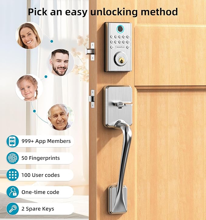 WiFi Smart Door Lock Set: HEANTLE Keyless Entry Deadbolt with Handle Fingerprint Deadbolt Electronic Digital Keypad Door Lock Alexa App Remote Control