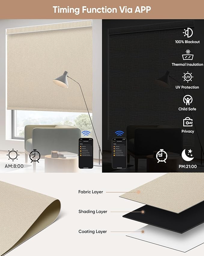 Motorized Blinds with Remote: Kincmo 100% Blackout Roller Shades Work with Apple Homekit,Alexa,Google Home, Customized Electric Blinds with App,Voice Control (100% Blackout Essential Stone)