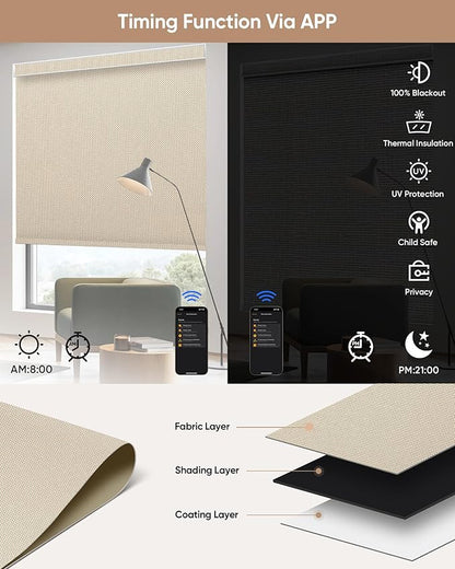 Motorized Blinds with Remote: Kincmo 100% Blackout Roller Shades Work with Apple Homekit,Alexa,Google Home, Customized Electric Blinds with App,Voice Control (100% Blackout Essential Stone)