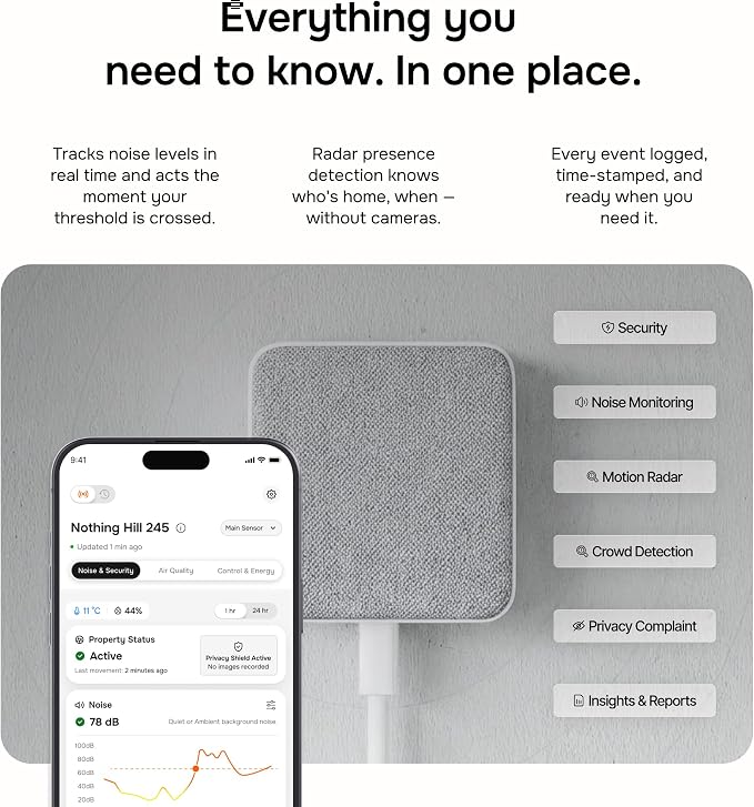 Layla Noise Monitoring Device for Airbnb, Rental, Office & Home | Noise & Occupancy Sensor with Radar-Based Motion Detection | Privacy-Safe Security Monitor | No Subscription