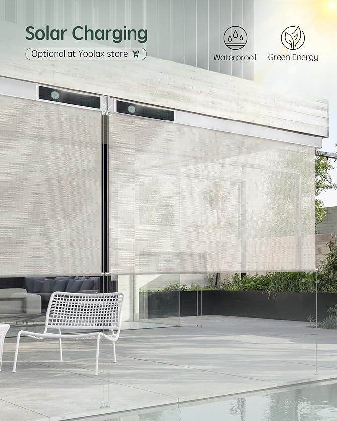 Yoolax Customized Motorized Outdoor Shades, Smart Blinds Compatible with Alexa Google, Remote Control Waterproof Blinds for Patio Porch Windows Outside (10% Openness White Pebble Path)