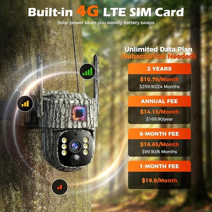 4G LTE Cellular Trail Camera, 2.5K 360° Live Feed with SIM Card Included