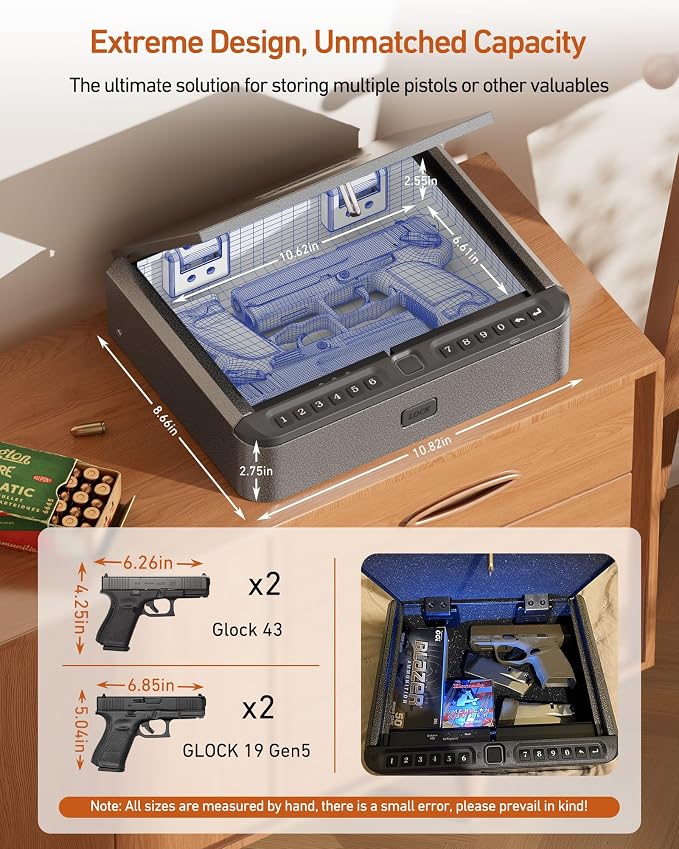 BILLCONCH Gun Safe for Handgun with Fingerprint, App, 0–9 Numeric Keypad | Smart Pistol Safe with 4 Quick-Access Methods, Built-in LED Light, Ideal Steel Biometric Handgun Safe for Nightstand and Home