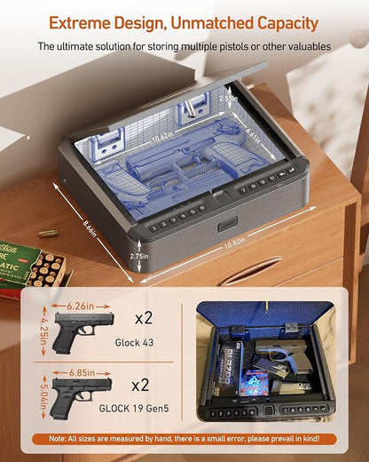 BILLCONCH Gun Safe for Handgun with Fingerprint, App, 0–9 Numeric Keypad | Smart Pistol Safe with 4 Quick-Access Methods, Built-in LED Light, Ideal Steel Biometric Handgun Safe for Nightstand and Home