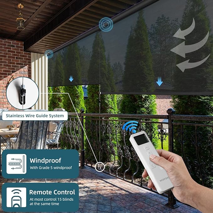 Motorized Outdoor Roller Shades,Patio Roll Up Blind Work with Alexa,Google Home,Apple Homekit,Remote Control Sun Shade,Waterproof &Windproof Smart Blinds for Porch,Sirus Coffee, 5% Openness