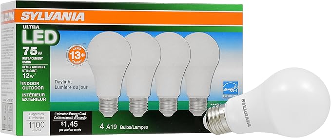 Sylvania A19 Ultra LED Light Bulb, 12W, 75W Equivalent, 13 Years, Dimmable, 1100 Lumens, 5000K, Daylight - 4 Pack (74429)
