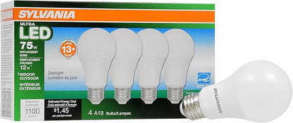 Sylvania A19 Ultra LED Light Bulb, 12W, 75W Equivalent, 13 Years, Dimmable, 1100 Lumens, 5000K, Daylight - 4 Pack (74429)