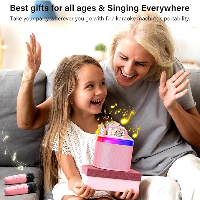 HWWR Karaoke Machine for Adults Kids, Mini Karaoke Machine with 2 Wireless Microphones, Portable Singing Speaker for Home Party, Kids Holiday Birthday Gifts, Music for Girls Boys All Age 3-12+