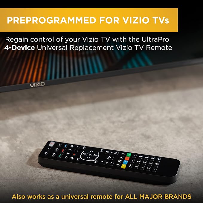UltraPro 4-Device Replacement Remote for Vizio, Smart TV | Compatible with LED LCD HD UHD 4K HDR Plus Universal Remote Control Function for Streaming Players, Sound Bars,, 67208