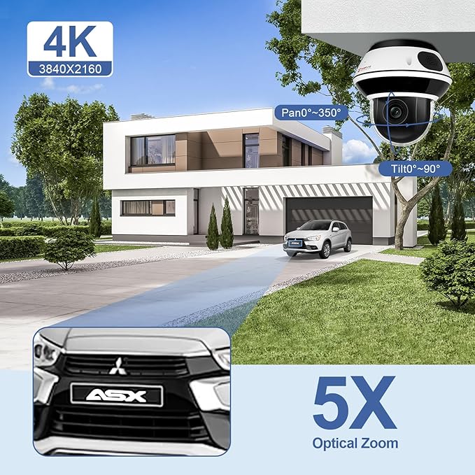 Anpviz UltraHD 4K 8MP PTZ POE IP Camera Outdoor with 5X Optical Zoom, 1/2.8" Sensor Dome Security IP Camera, Two-Way Audio, Human Vehicle Detection, 512GB SD Slot, 100ft IR Night Vision (U Series)