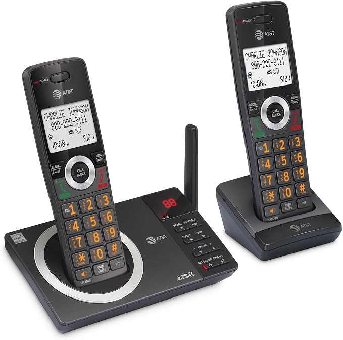AT&T CL82218 2-Handset DECT 6.0 Cordless Phone, Charcoal Black | Large Display, Big Buttons, Answering Machine, Smart Call Blocker