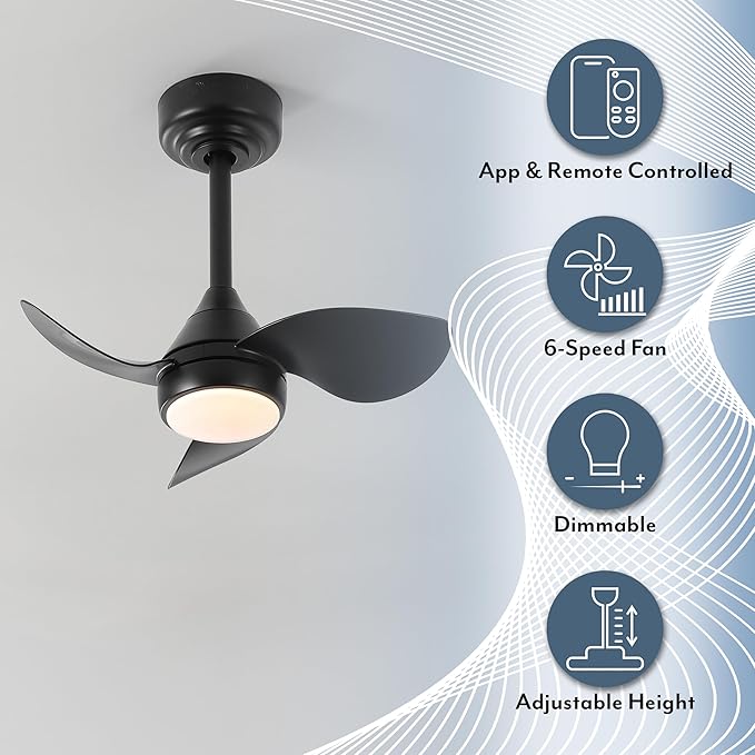 OVAL AIR AIR8000A Albini 22" Contemporary Minimalist 6-Speed Metal Mobile-App/Remote-Controlled Dimmable Smart Integrated LED Ceiling Fan for Living Room, Bedroom, Office, Deco Jet Black