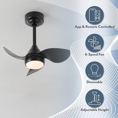 OVAL AIR AIR8000A Albini 22" Contemporary Minimalist 6-Speed Metal Mobile-App/Remote-Controlled Dimmable Smart Integrated LED Ceiling Fan for Living Room, Bedroom, Office, Deco Jet Black