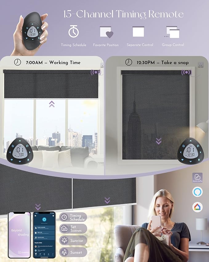 Graywind Motorized Roller Shades Compatible with Alexa Google Hardwired WiFi Smart Light Filtering Blind Remote Automated Blinds Electric Window Shade, Custom Size (3% Openness Solar Black Pearl)