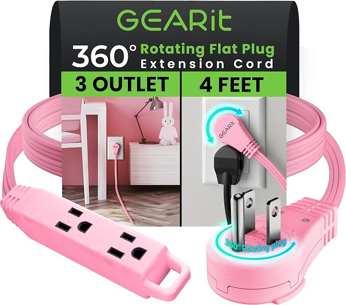 GEARit 4 ft 360° Rotating Flat Plug Extension Cord, 3 Outlet Low Profile Power Cord, 16 AWG 13A 3 Prong Grounded Indoor Cord, ETL Listed, Space-Saving for Furniture, Pink