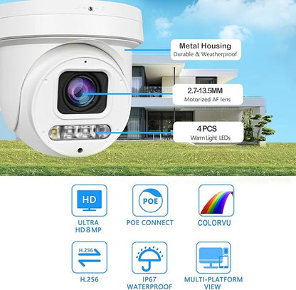 Real HD 4K 8MP Mini PTZ Dome PoE IP Camera Outdoor Pan 350° Tilt 90° 5X Optical Zoom, 130Ft Full Color Night Vision, H.265, IP67, NDAA Compliant