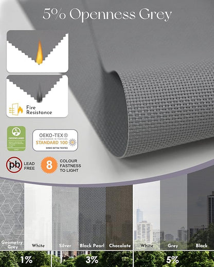Graywind Motorized Solar Shades Compatible with Alexa Google Remote Electric Window Shade Fireproof Smart Roller Blinds with Valance for Home Office Patio, Custom Size (5% Openness Grey)