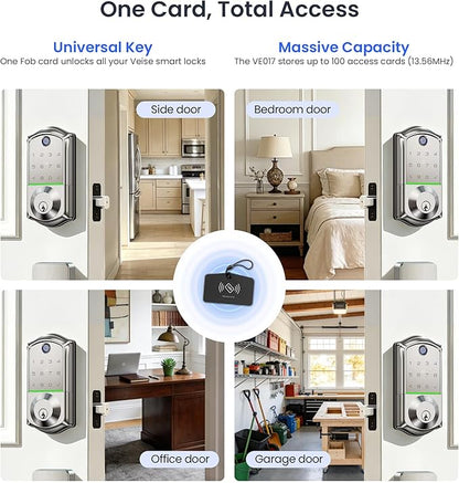 Veise VE017-B Fingerprint Smart Lock for Front Door, App Control, 8-in-1 Keyless Entry Deadbolt with 2 Zinc Alloy Lever Handles Set, Emergency Power Port, Auto Lock, Electronic Keypad, Satin Nickel