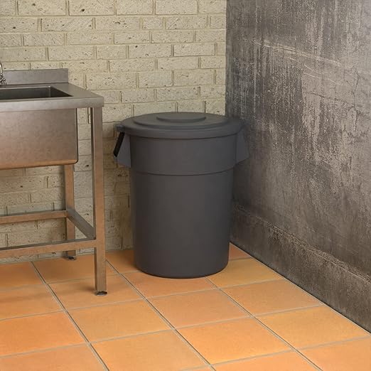 55 Gallon Gray Round Commercial Trash Can with Lid, Heavy-Duty Food Grade NSF Certified, Perfect for Restaurant, Office, School, Garage, Backyard, Workshop, Warehouse