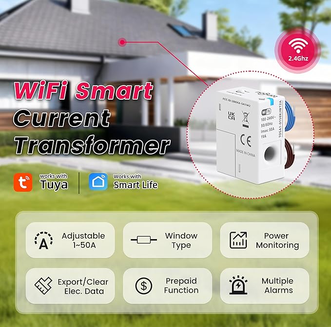 TONGOU WiFi Smart Home Energy Monitor Accessory,1-50A 100-240VAC,Window-type Current Transformer with Power Monitoring in Tuya/Smart Life,Export/Clear Power Data,Alarm Function,FCC Certified,1 PC