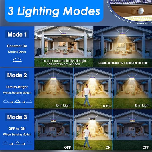 2 Pack 368 LED Solar Lights Outdoor Motion Sensor, Solar Fence Light with 3 Lighting Modes, Solar Powered Security Lights Waterproof for Outside Yard Wall Garden Backyard,Brown Warm