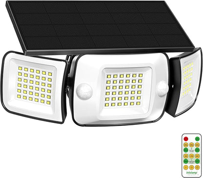 intelamp Solar Flood Lights Outdoor Waterproof, 6000mAh 1200LM Solar Powered Dual Motion Sensor LED Lighting Dusk to Dawn Security Floodlight Exterior with Remote for Outside Garden House Yard Porch
