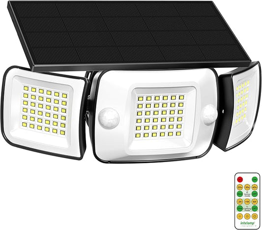 intelamp Solar Flood Lights Outdoor Waterproof, 6000mAh 1200LM Solar Powered Dual Motion Sensor LED Lighting Dusk to Dawn Security Floodlight Exterior with Remote for Outside Garden House Yard Porch