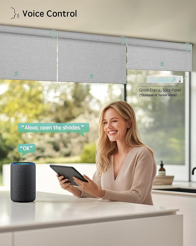 Yoolax Motorized Blinds with Remote, Designer Smart Blinds Work with Alexa, Google, Apple Homekit, 100% Blackout Motorized Shades Custom Electric Shades Voice Control (V-Foggy White)