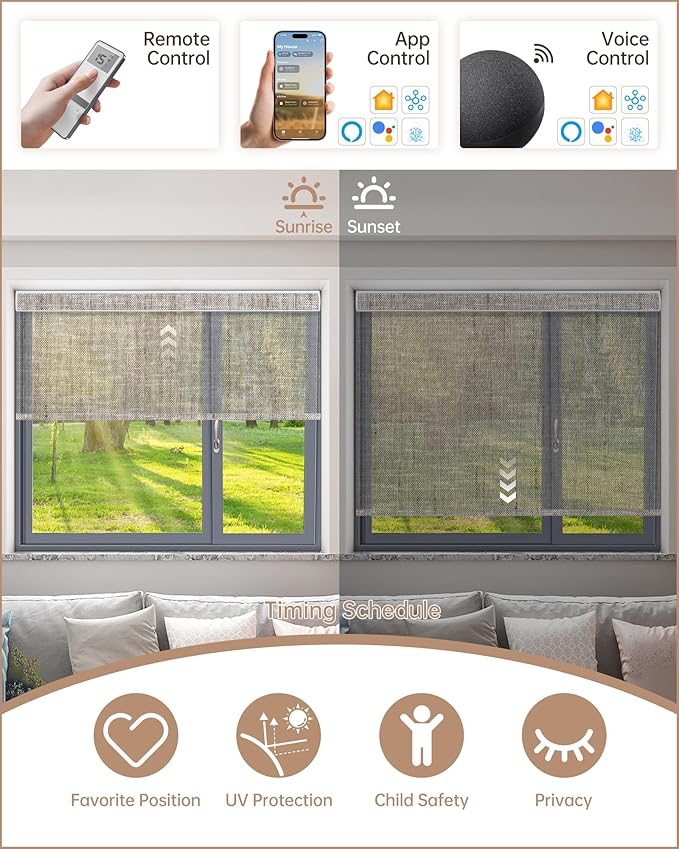 Kincmo Motorized Blinds with Remote, Light Filtering Roller Shades Work with Apple Homekit,Alexa,Google Home, Custom Electric Blinds with App,Voice Control (50% Blackout Sheer Brown)