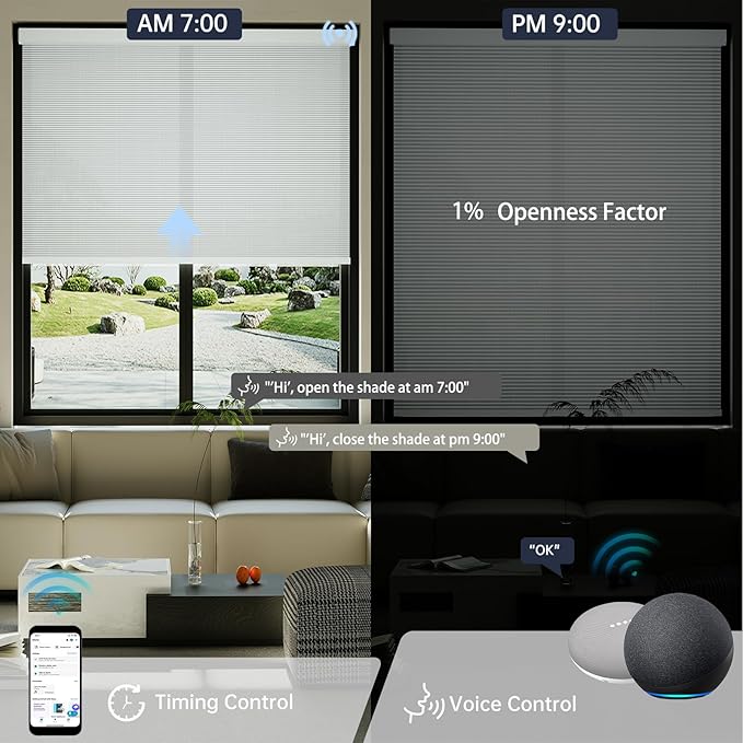 Motorized Solar Shades, Light Filtering Smart Blinds for Windows Automatic Blinds Compatible with Alexa, Falme Resistant Roller Shades Customized for Office Living Room (1% Openness Sliver)